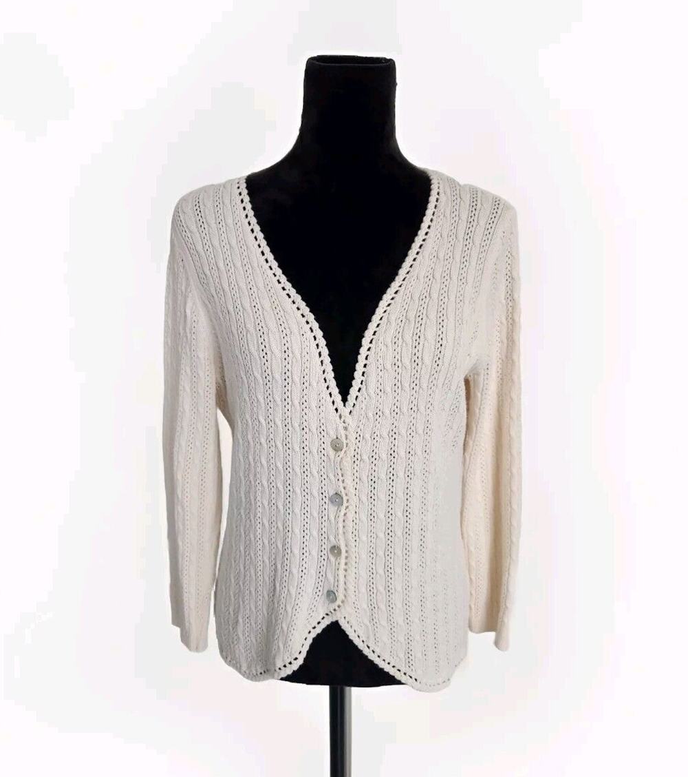 Oscar De La Renta Women's Cream Cable & Open Knit Cardigan cotton Sweater Size L